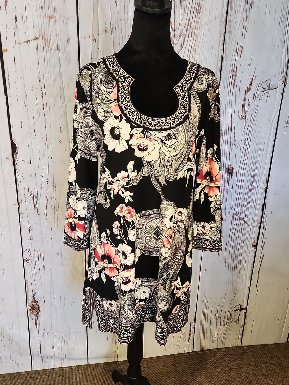 White House Black Market Black Floral Tunic Dress Embroidered L